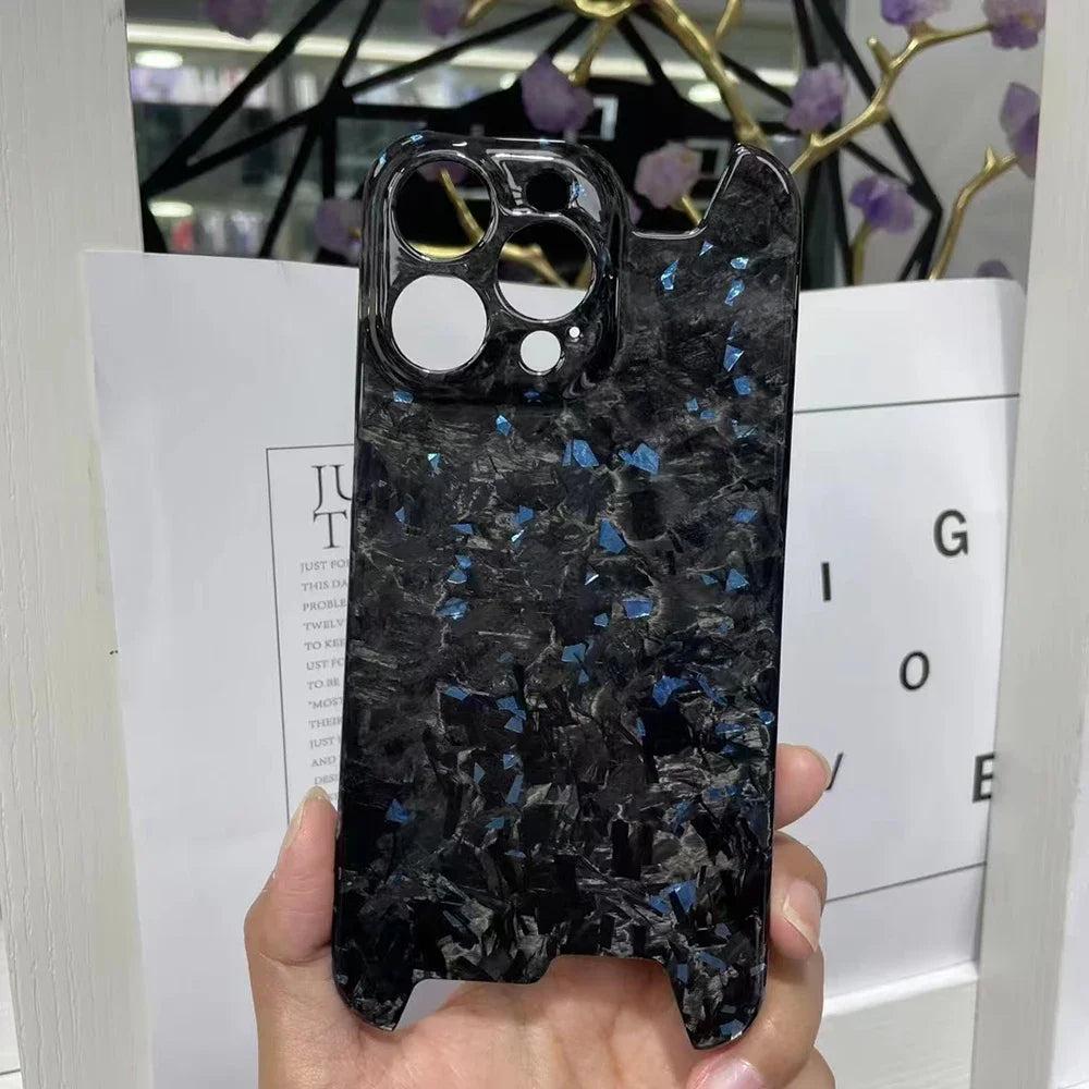Glossy Marble Forged Ultra Thin Genuine Carbon Fiber Cover For iPhone 15 14 16 Pro Max Aramid Fiber Irregular Bulletproof Case