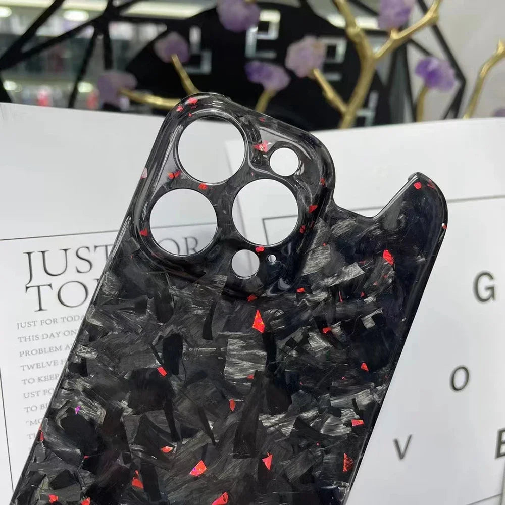 Glossy Marble Forged Ultra Thin Genuine Carbon Fiber Cover For iPhone 15 14 16 Pro Max Aramid Fiber Irregular Bulletproof Case